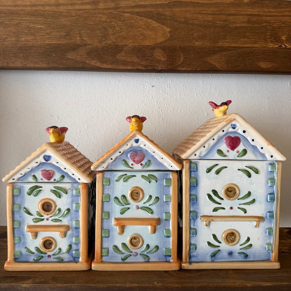 3pc Alco Industries Ceramic Birdhouse Canister Set Floral Butterfly Bird House